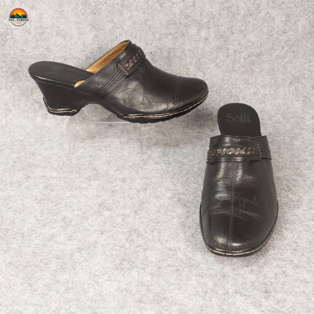 Sofft Mule Clog Heels Black Leather Slip-On Block Heel Cottagecore Women's 8M